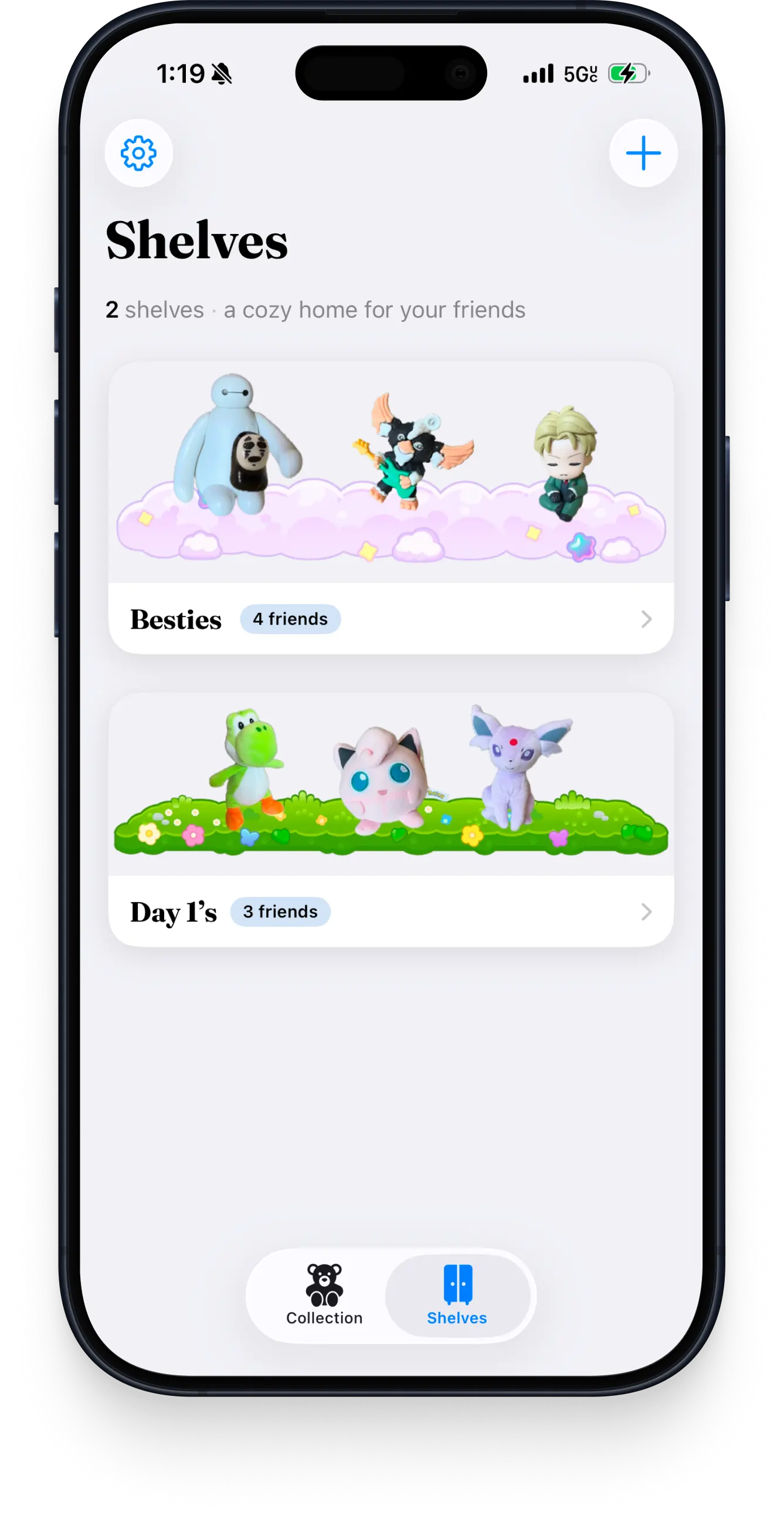 The Shelves screen with plushies arranged on a cloud shelf and a grass shelf