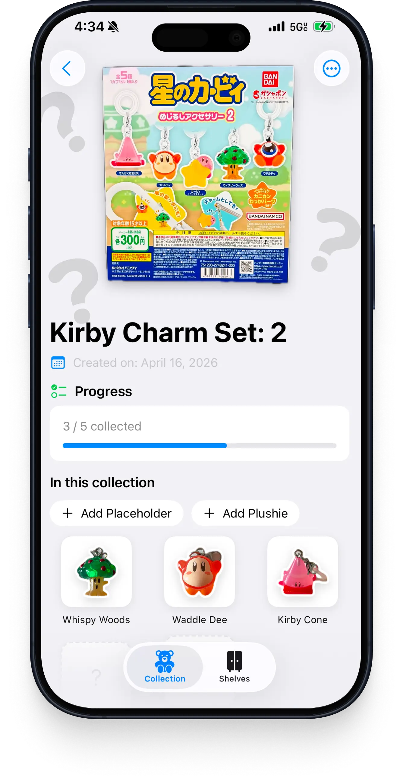 A Kirby charm set collection showing 3 of 5 collected with a progress bar